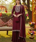 Embroidered Kurta Set in Wine Maroon