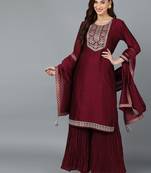 Embroidered Kurta Set in Wine Maroon