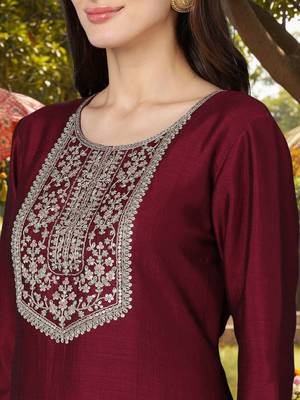 Embroidered Kurta Set in Wine Maroon 2