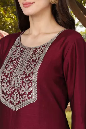 Embroidered Kurta Set in Wine Maroon