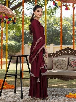 Embroidered Kurta Set in Wine Maroon 3