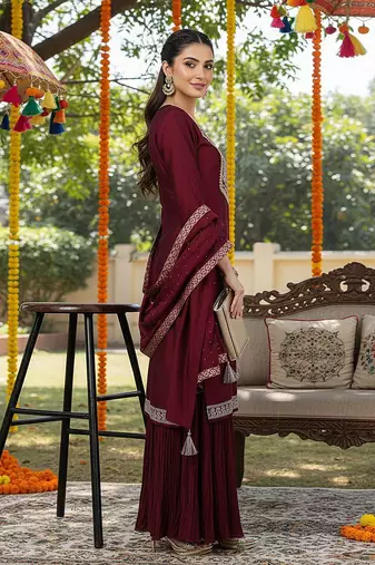 Embroidered Kurta Set in Wine Maroon