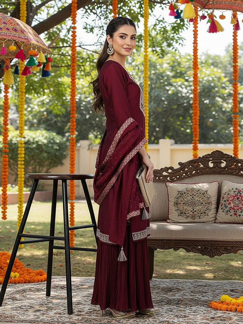 Embroidered Kurta Set in Wine Maroon