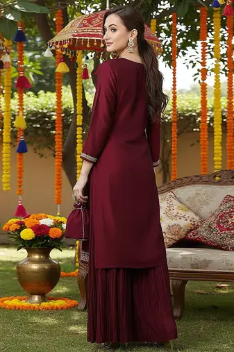 Embroidered Kurta Set in Wine Maroon