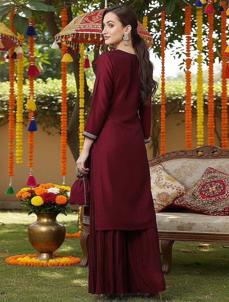 Embroidered Kurta Set in Wine Maroon