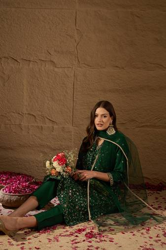 green color embroidered silk blend styles kurta trouser with dupatta