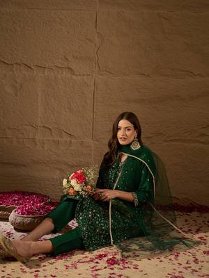 green color embroidered silk blend styles kurta trouser with dupatta 1