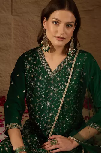 green color embroidered silk blend styles kurta trouser with dupatta