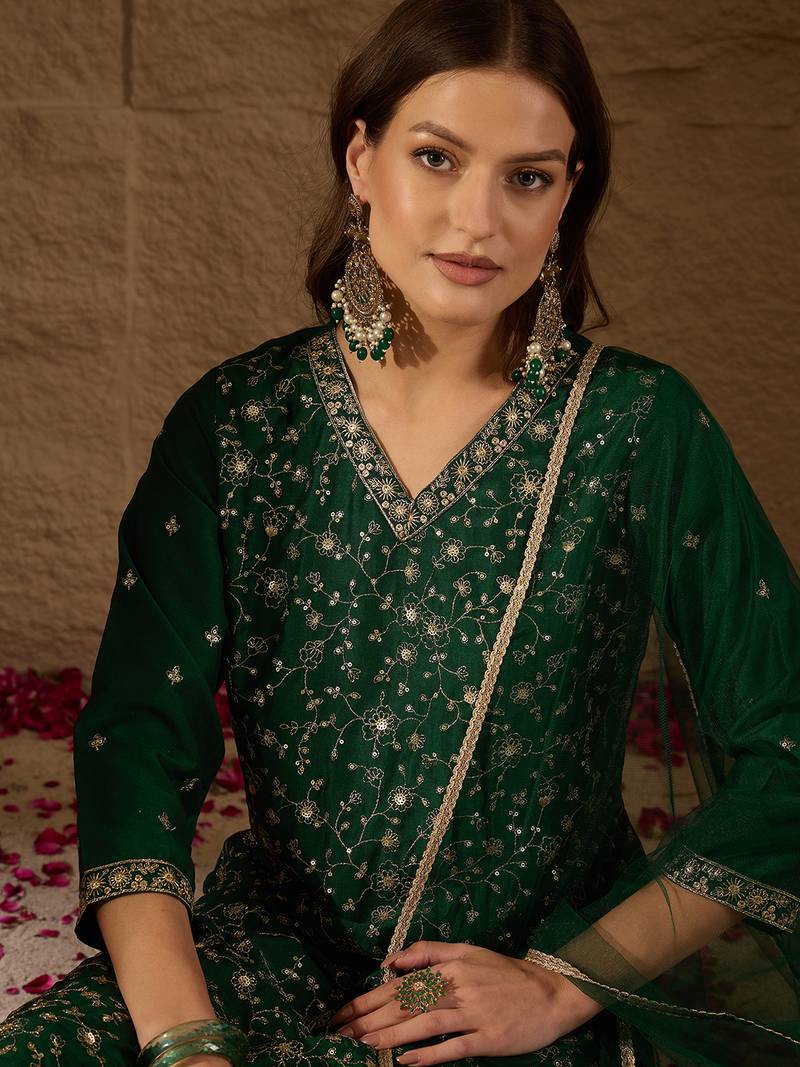 green color embroidered silk blend styles kurta trouser with dupatta