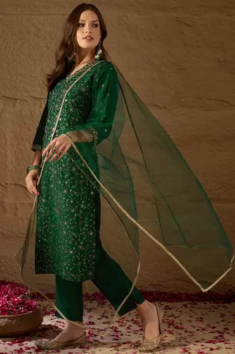 green color embroidered silk blend styles kurta trouser with dupatta