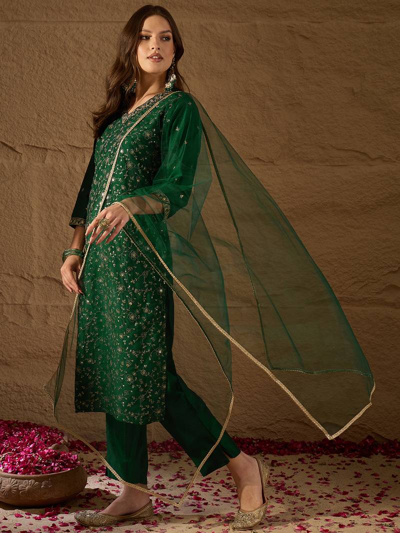 green color embroidered silk blend styles kurta trouser with dupatta