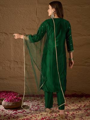green color embroidered silk blend styles kurta trouser with dupatta 4
