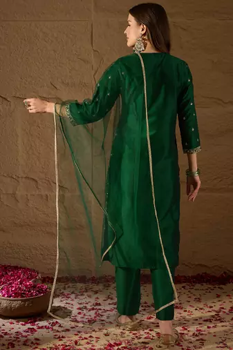 green color embroidered silk blend styles kurta trouser with dupatta