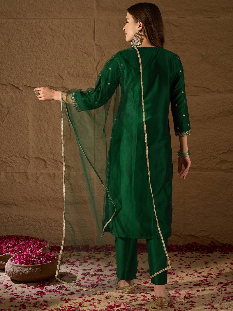 green color embroidered silk blend styles kurta trouser with dupatta