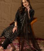 black color embroidered silk blend styles kurta trouser with dupatta