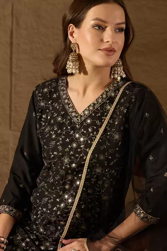 black color embroidered silk blend styles kurta trouser with dupatta