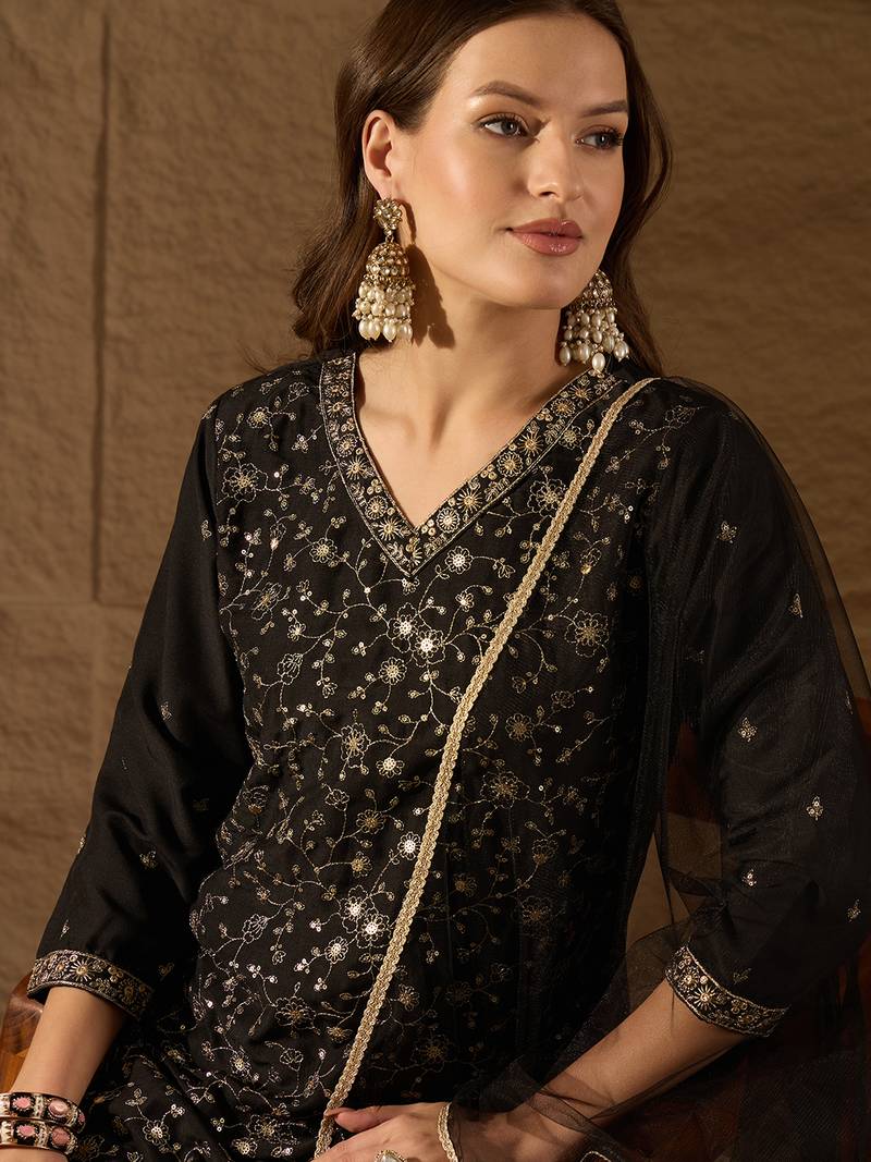 black color embroidered silk blend styles kurta trouser with dupatta