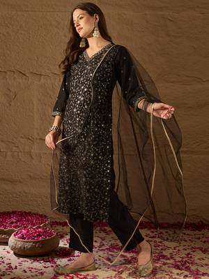 black color embroidered silk blend styles kurta trouser with dupatta 3