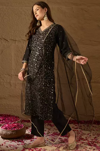 black color embroidered silk blend styles kurta trouser with dupatta