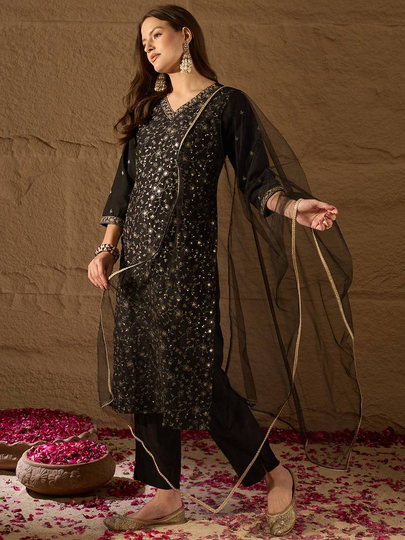 black color embroidered silk blend styles kurta trouser with dupatta
