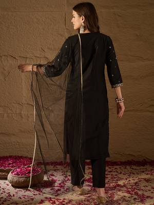 black color embroidered silk blend styles kurta trouser with dupatta 4
