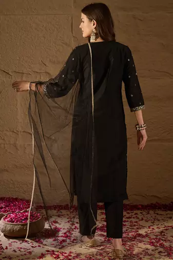 black color embroidered silk blend styles kurta trouser with dupatta