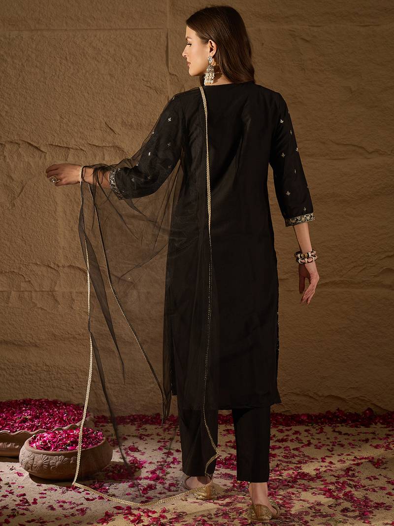 black color embroidered silk blend styles kurta trouser with dupatta