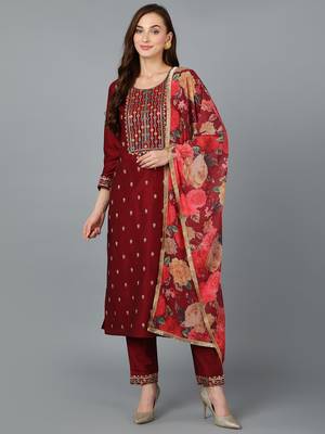 maroon color embroidered silk blend styles kurta trouser with dupatta 1