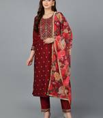 maroon color embroidered silk blend styles kurta trouser with dupatta