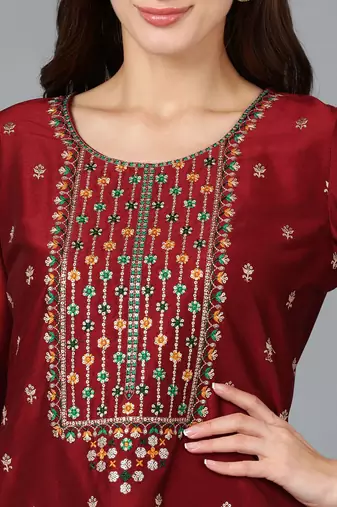 maroon color embroidered silk blend styles kurta trouser with dupatta