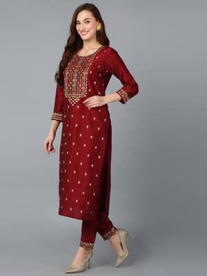 maroon color embroidered silk blend styles kurta trouser with dupatta 3