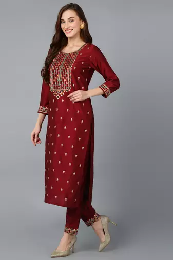 maroon color embroidered silk blend styles kurta trouser with dupatta