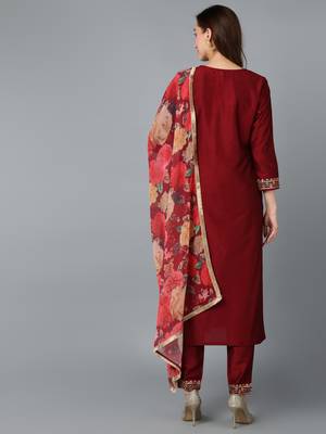 maroon color embroidered silk blend styles kurta trouser with dupatta 4
