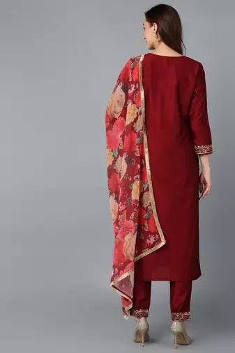 maroon color embroidered silk blend styles kurta trouser with dupatta