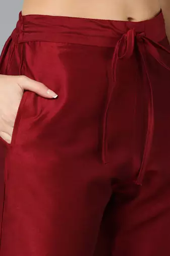 maroon color embroidered silk blend styles kurta trouser with dupatta