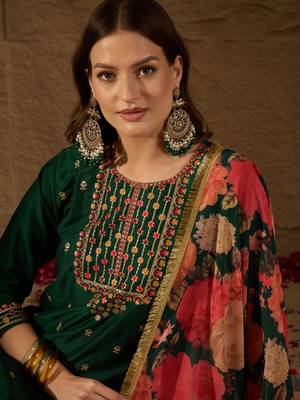 green color embroidered silk blend styles kurta trouser with dupatta 1