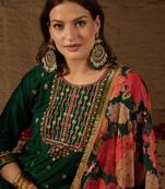 green color embroidered silk blend styles kurta trouser with dupatta