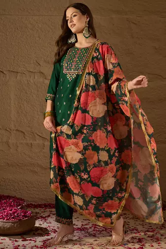 green color embroidered silk blend styles kurta trouser with dupatta