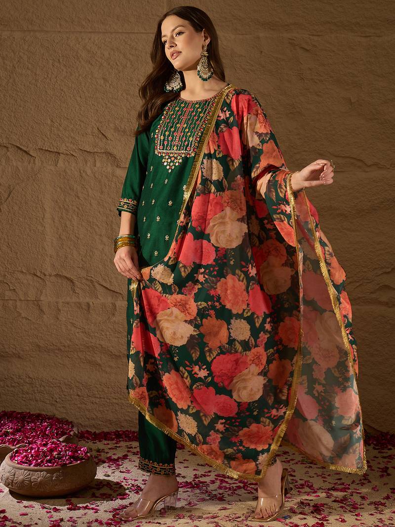 green color embroidered silk blend styles kurta trouser with dupatta