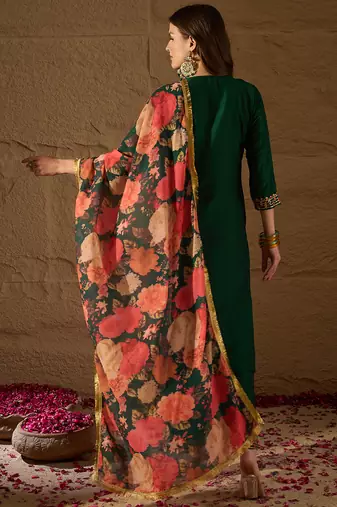 green color embroidered silk blend styles kurta trouser with dupatta
