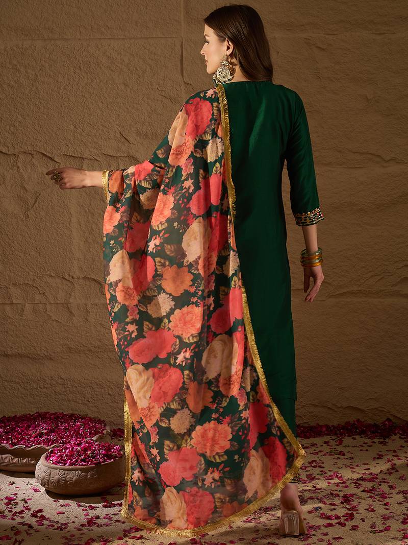 green color embroidered silk blend styles kurta trouser with dupatta