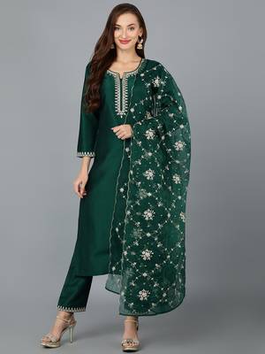 green color embroidered silk blend styles kurta trouser with dupatta 1