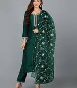 green color embroidered silk blend styles kurta trouser with dupatta