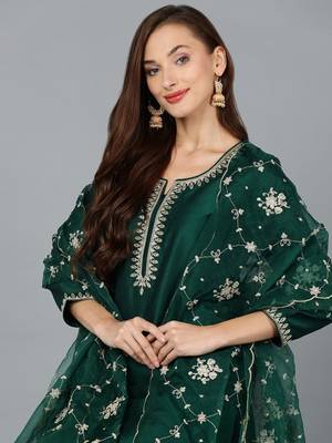 green color embroidered silk blend styles kurta trouser with dupatta 2