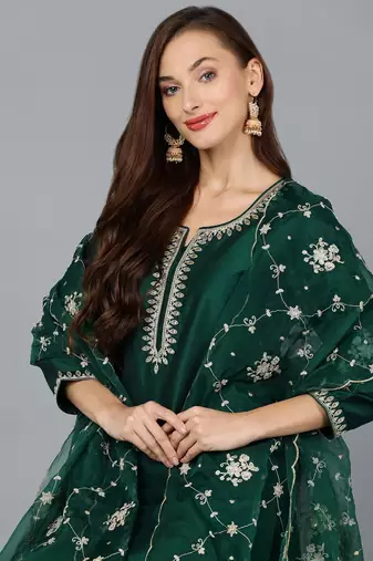 green color embroidered silk blend styles kurta trouser with dupatta