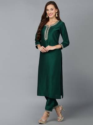 green color embroidered silk blend styles kurta trouser with dupatta 3