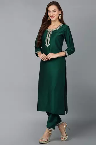 green color embroidered silk blend styles kurta trouser with dupatta