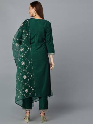green color embroidered silk blend styles kurta trouser with dupatta 4