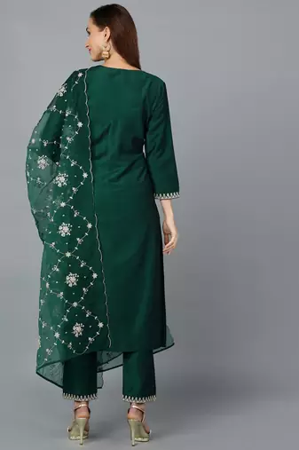 green color embroidered silk blend styles kurta trouser with dupatta