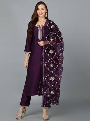 purple color embroidered silk blend styles kurta trouser with dupatta 1